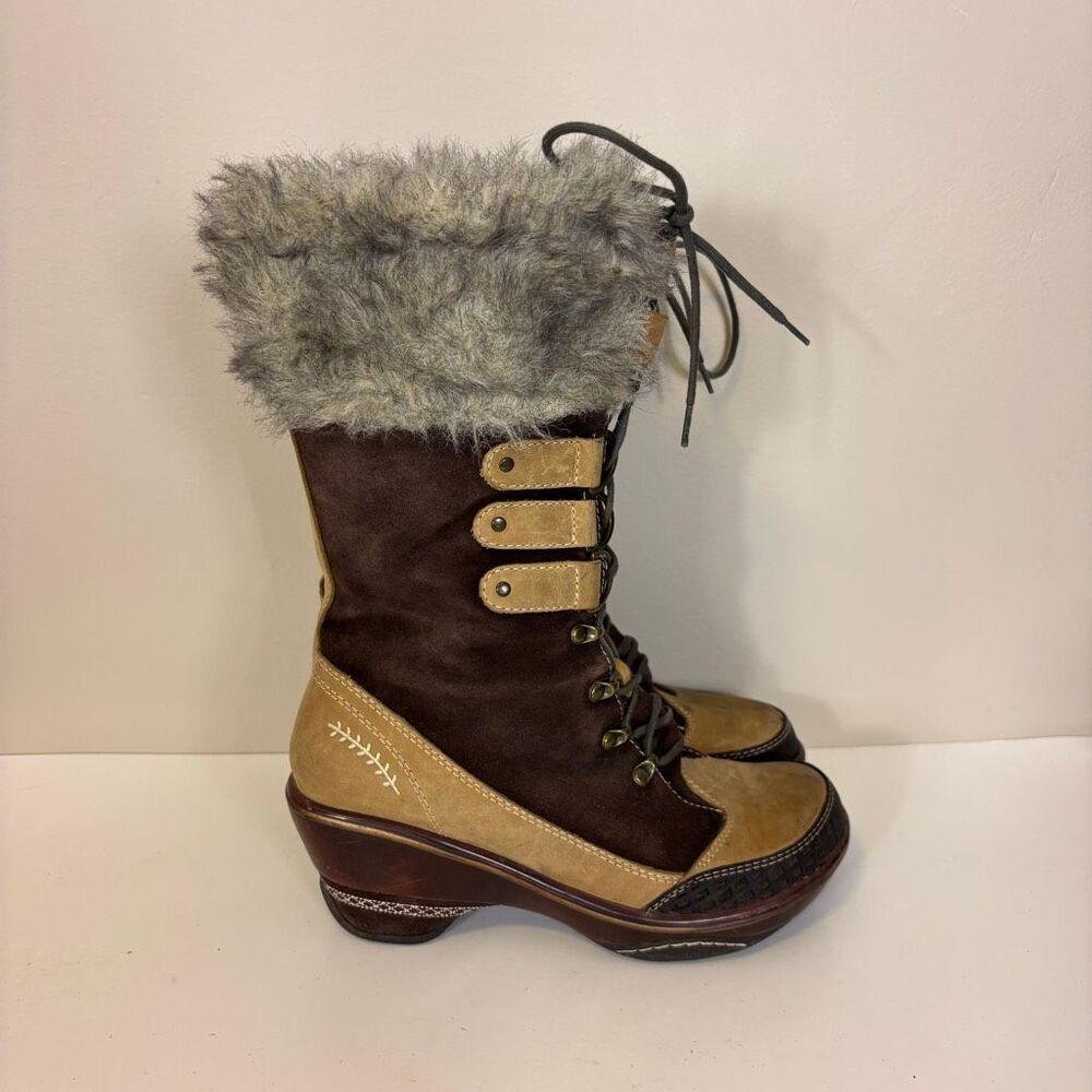Jambu Brown and Tan Suede Lace Up Fur Top Heeled Tall Boots‎ 6